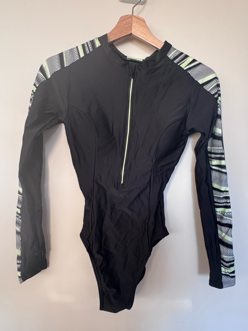 Speedo Black Long Sleeve One-Piece Sport Swimsuit with Neon Green Trim